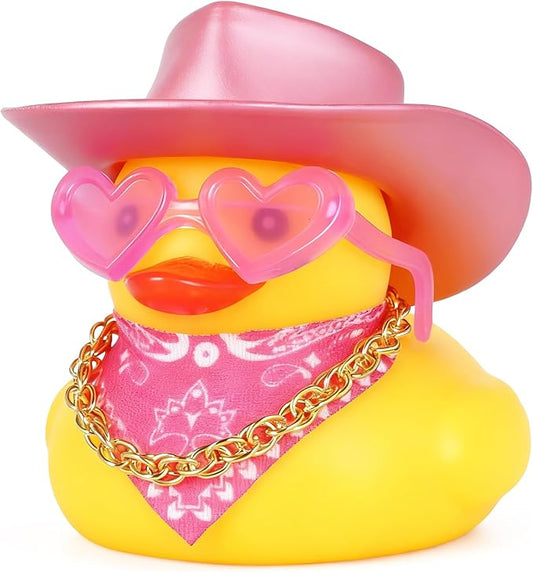 BOZILY Pink Rubber Ducks with Cowboy Hat, Necklace, Heart Sunglasses, Scarf, Funny Car Dashboard Decor, DIY Accessories for Car, Desk, Home Decoration