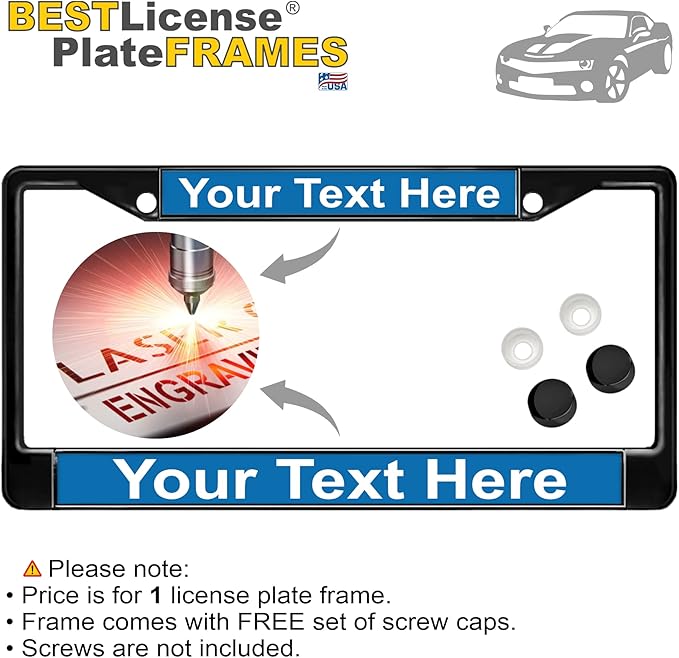 Custom Personalized Black Powder-Coated Metal Laser Engraved Standard Size - Car/Automobile License Plate Frame with Free caps - Blue/White Text (Qty: 1 Frame)