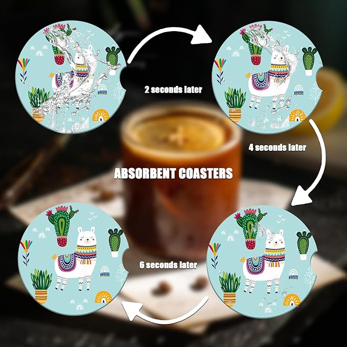 Car Cup Holder Coaster - Alpaca Plants Absorbent Ceramic Coaster 2 Pack, Car Coasters for Cup Holders, Fashion Car Interior Accessories Drink Coaster for Women & Men