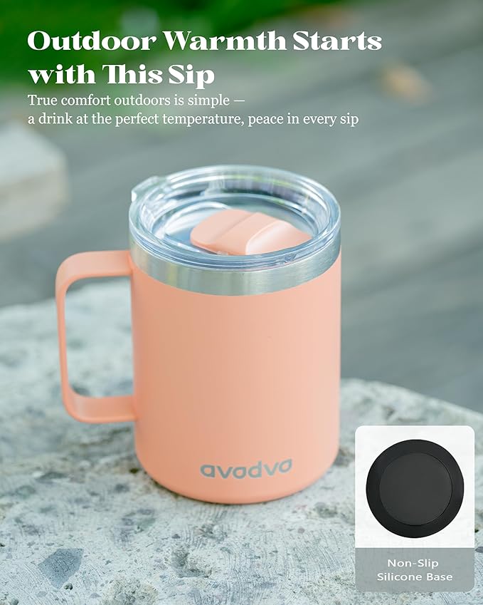 12oz Insulated Coffee Mug with Lid – Includes Two Lids, Stainless Steel Coffee Travel Mug with Handle, Double Wall Vacuum Insulated Camping Mug for Home, Office & Outdoor, Orange