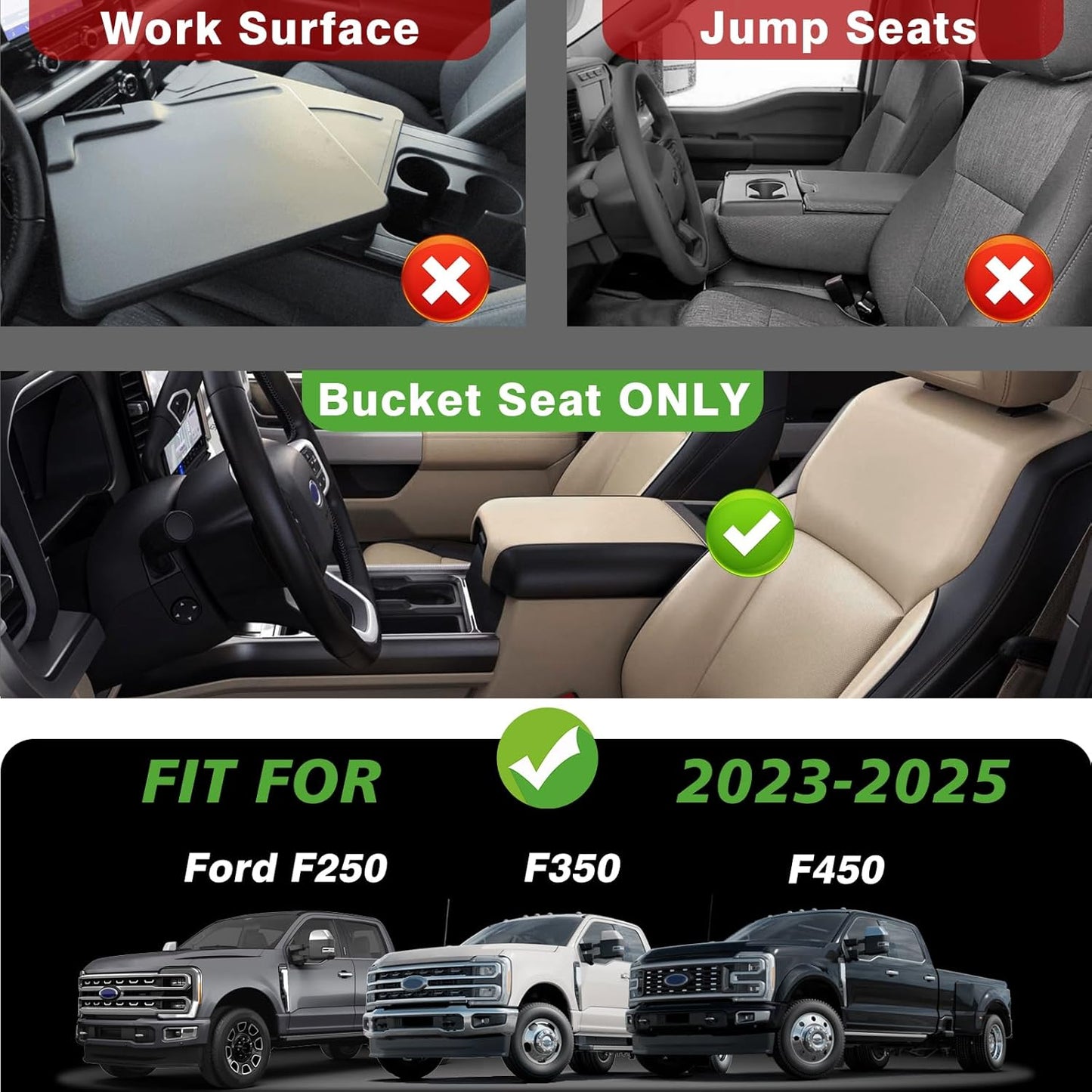 Muslogy Center Console Armrest Cover Compatible with Ford F250 F350 F450 2023 2024 2025 Super Duty Comfort Armrest Pad Arm Rest Cushion Vegan Leather Protector 1-Inch Extra Thick(Bucket Seat ONLY)