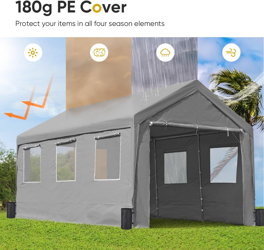 ADVANCE OUTDOOR 10x20 ft Adjustable Height Carport with Removable Window Sidewalls and Doors, Heavy Duty Car Canopy Garage Party Tent Boat Shelter with Reinforced Poles, Gray