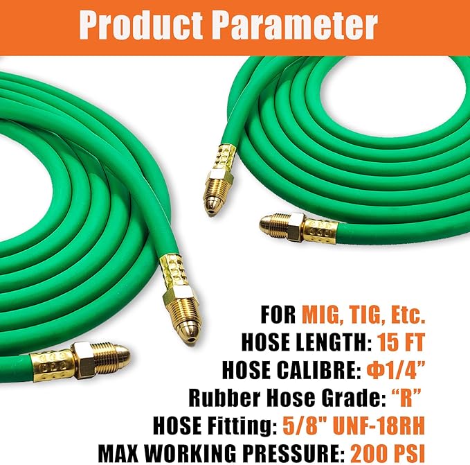 15FT Argon Gas Hose, Inert Gas Welding Hoses for MIG/TIG Welding Regulator，Argon/CO2 Flowmeter Regulator Hose, 5/8" UNF-18RH, NPT Fittings, Welding Accessories for MIG/TIG Welder