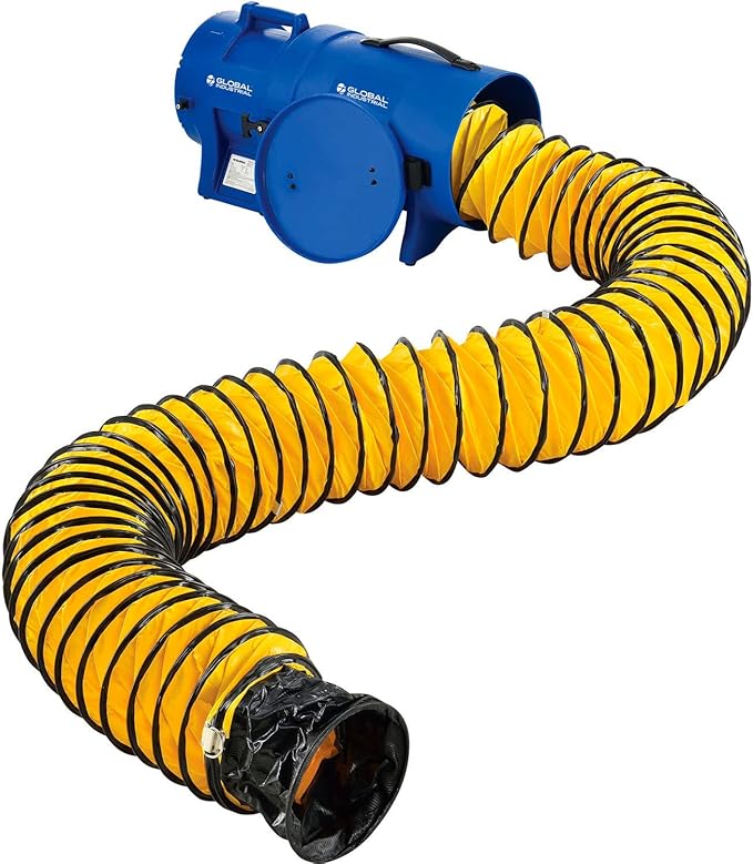 Global Industrial 8" Diameter Portable Confined Space Blower Fan, 25'L Flexible Ducting, Rotomold Plastic, 1000 CFM, 1/3 HP, 1 Speed, For Indoor & Outdoor Use