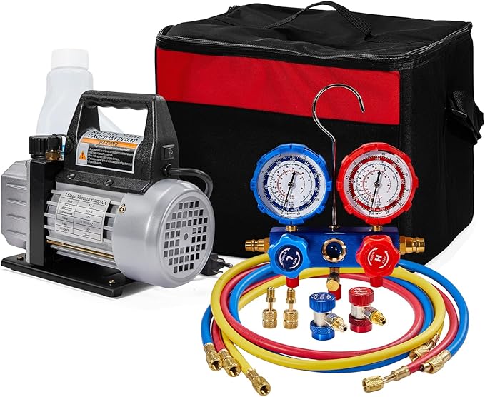 SUNROAD HVAC Air Vacuum Pump Set, 3 CFM 1/4HP A/C Refrigeration AC Manifold Gauge Kit for R410A R134a R12 R22 R502 Auto Air Conditioning Refrigeration Recharging