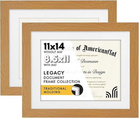 Americanflat 11x14 Diploma Frame with Shatter-Resistant Glass - Set of 2 - Use as 8.5x11 Frame with Mat or Display 11x14 Documents Without Mat - Legacy Collection - Certificate Frames - Dark Oak