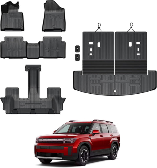 Floor Mats for 2024 2025 Hyundai Santa Fe 6-Seat/7-Seat (Fit Hybrid and Fuel), All Weather TPE Floor Mat and 2-in-1 Cargo Mat with Backrest Mat for Santa Fe Accessories