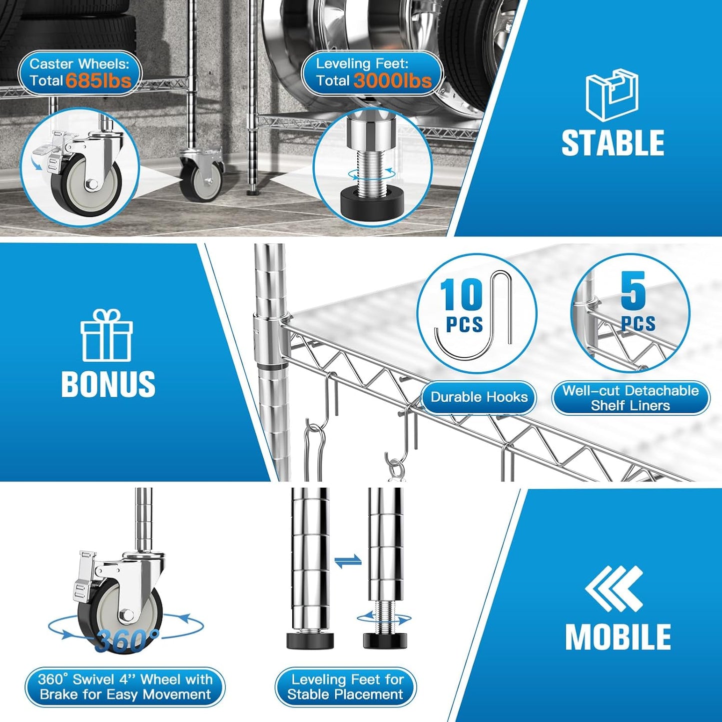 Wire Shelving with Wheels, 48x18x72 Inch, 3000 Lbs Storage Shelves Heavy Duty, Commercial-Grade Adjustable Utility Shelf, NSF-Certified Metal Storage Rack with Shelf Liners, 5-Tier, Chrome