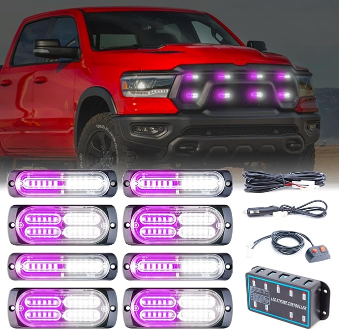 8pcs Sync Feature Emergency Strobe Grille Lights LED Ultra Slim Surface Mount Flashing Hazard Warning Light Bar with Controller for Firefighter/Construction/Trucks/Vehicles/Car(Purple/White)