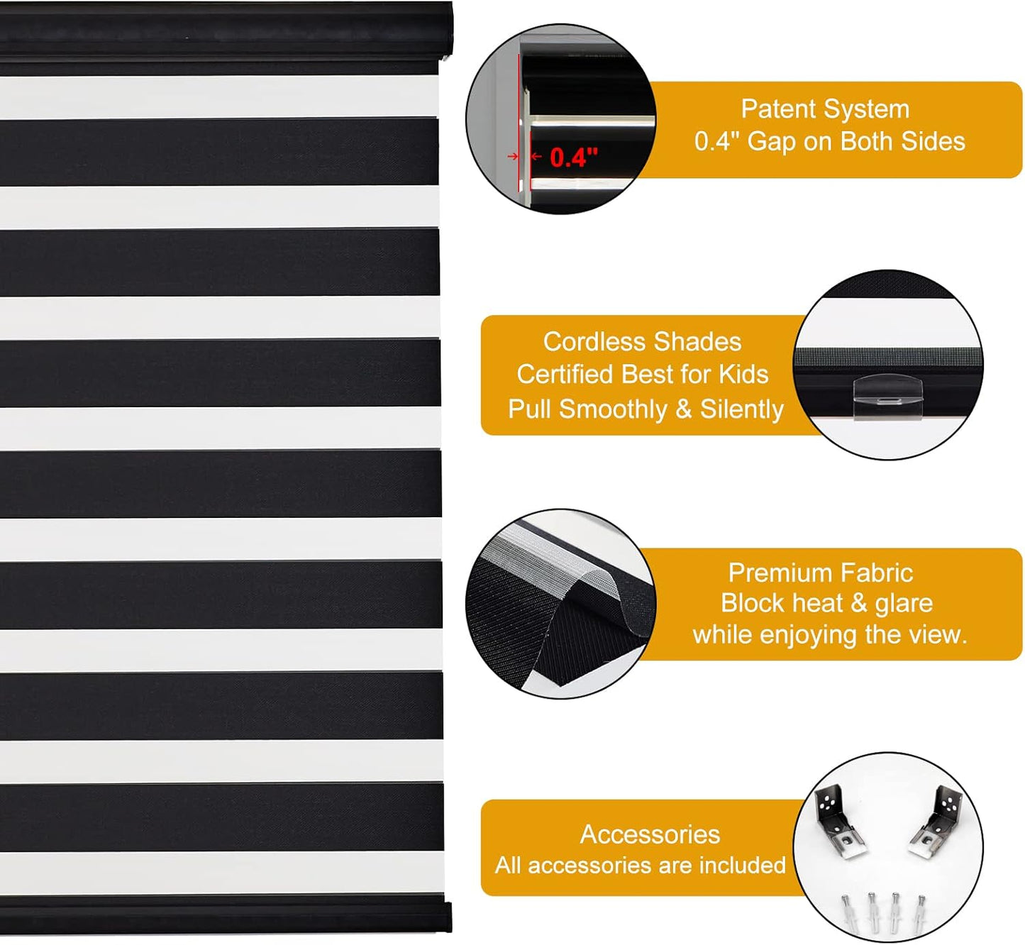 Persilux Cordless Zebra Blinds for Windows (36" W X 72" H, Black) Free-Stop Windows Shades Dual Layer Light Control for Day and Night, Light Filtering Sheer Shades for Home, Easy to Install