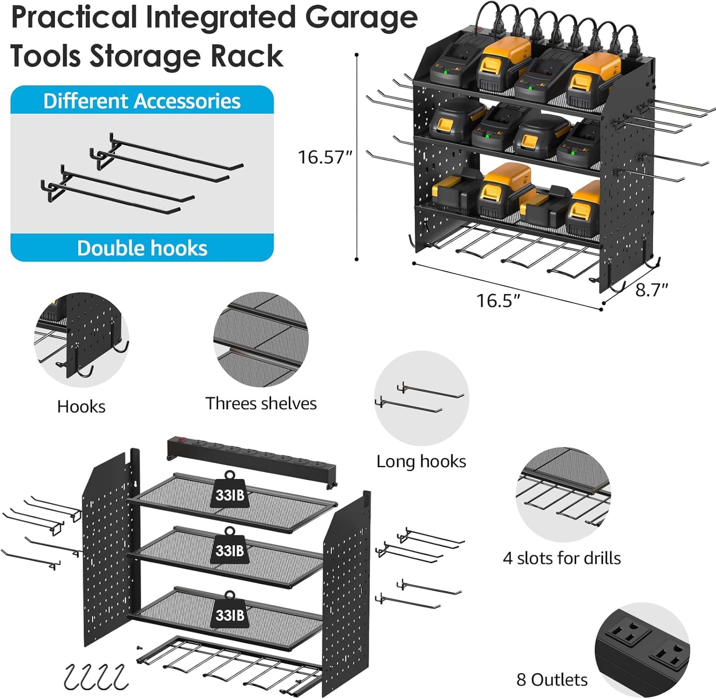 CCCEI Modular Power Tool Organizer with Charging Station. 4 Layer Wall Mount Drills Holder, Tool Battery Charger Organizer. Garage Shop Storage Utility Shelf with 10FT Power Strip, Gift for Men.