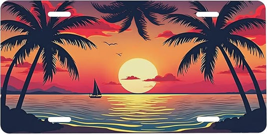 Front License Plate Sunset Palm Trees Vanity Plates Aluminum Metal Decorative Car Tag Flowers Rainbow Beach Novelty License Plate Cover for Men Women ‎6 * 12 in (4 Holes)