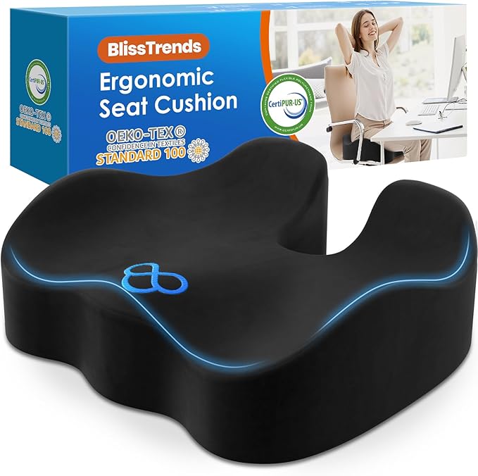 BlissTrends Seat Cushion,Thick Memory Foam Cushions for Office Chair, Car Seat, Airplane, Relieving Pressure Tailbone Sciatica Back Pain for Long Sitting Office Workers, Car Drivers 4.7in Thick Black