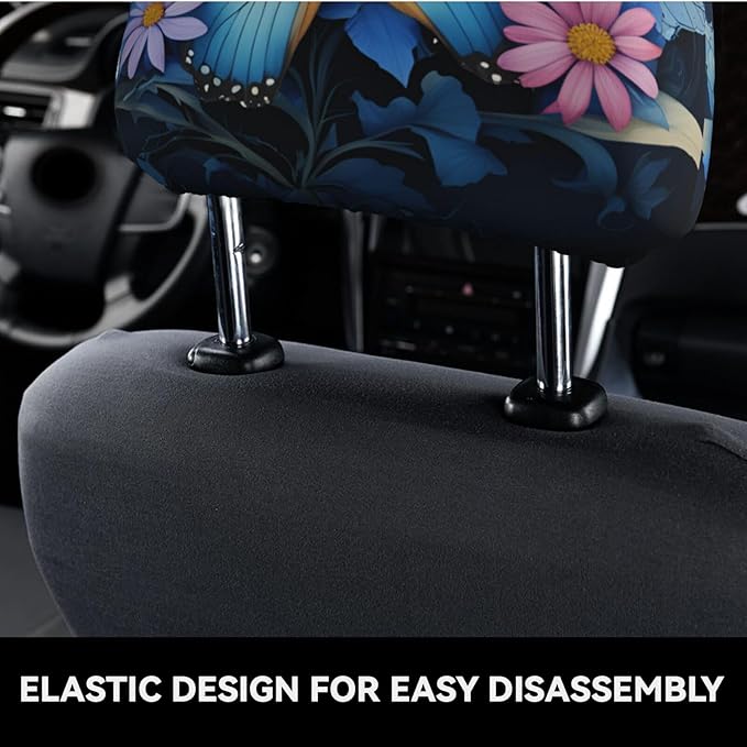 Dujiea 2 Pack Butterfly Flower Car Headrest Covers, Universal Soft Car Seat Head Rest Protector, Vehicle Accessories Fabric Headrest Cover for Cars Vans Trucks
