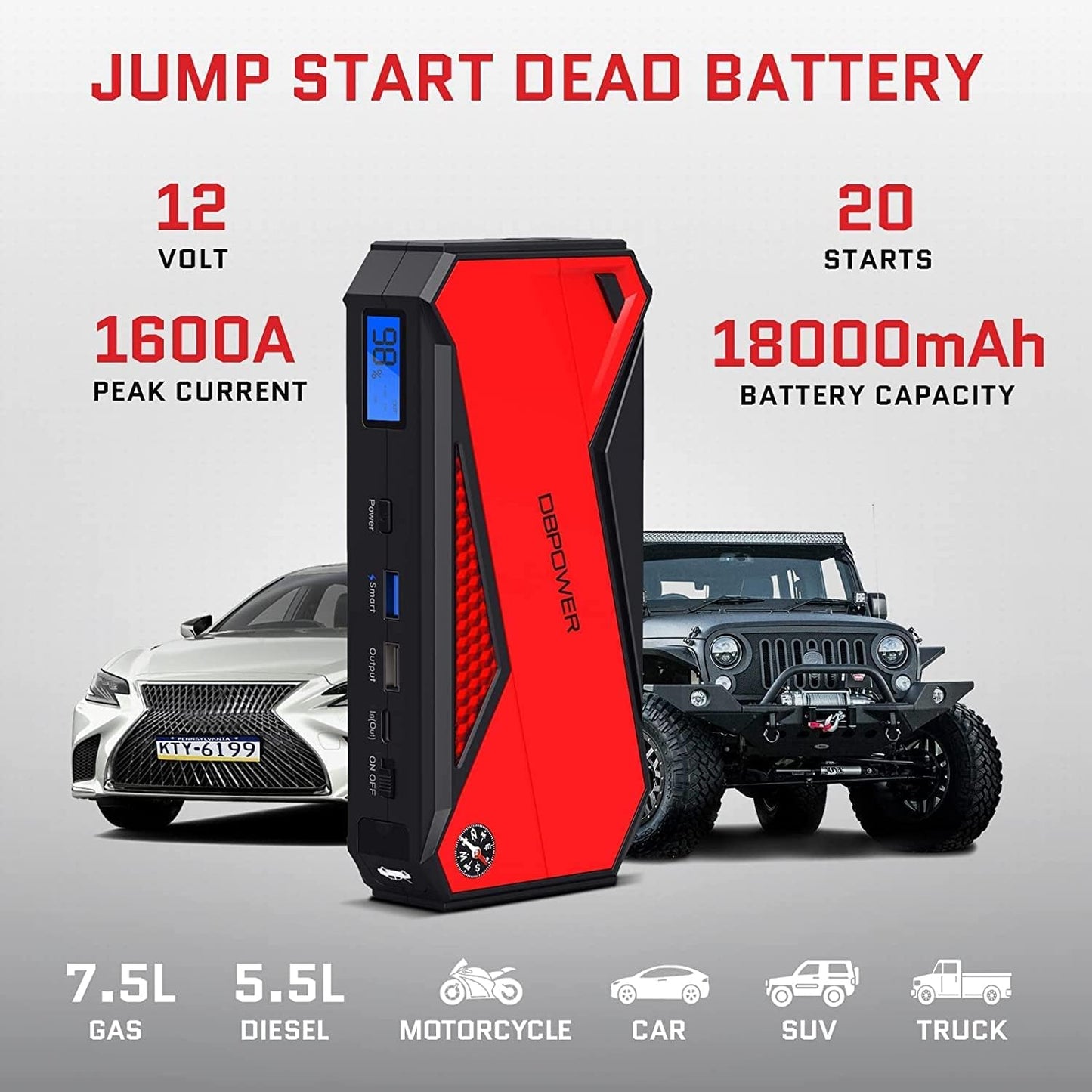 DBPOWER Peak 1600A 18000mAh Portable Car Jump Starter(up to 7.2 Gas, 5.5L Diesel Engines) Battery Booster with Smart Charging Port, LCD Display, Intelligent Jumper Clamps, Compass and LED Light