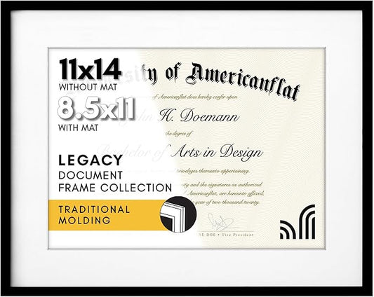 Americanflat 11x14 Diploma Frame with Shatter-Resistant Glass - Use as 8.5x11 Frame with Mat or Display 11x14 Document Without Mat - Legacy Collection - Certificate Frames for Wall Display - Black