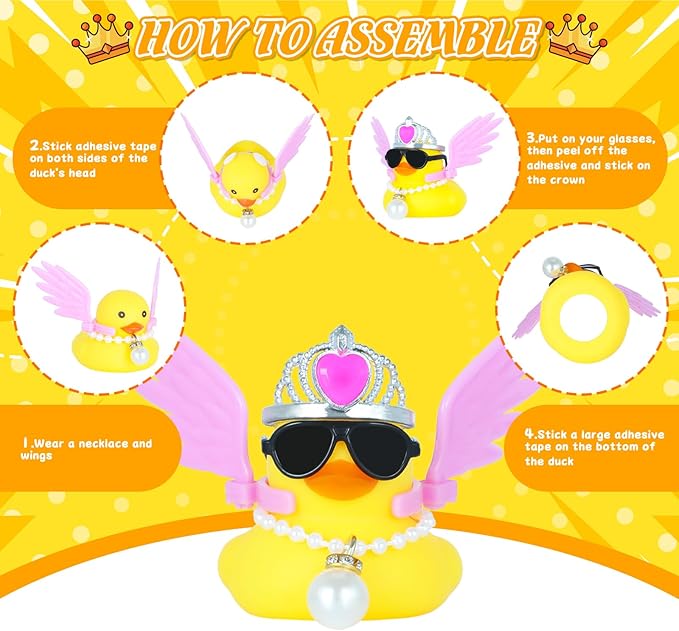 DIY Angel Rubber Duck with Crown & Wings - Sparkly Princess Duck for Car Dashboard & Home Decor - Funny Cute Mini Ducks Gift for Adults