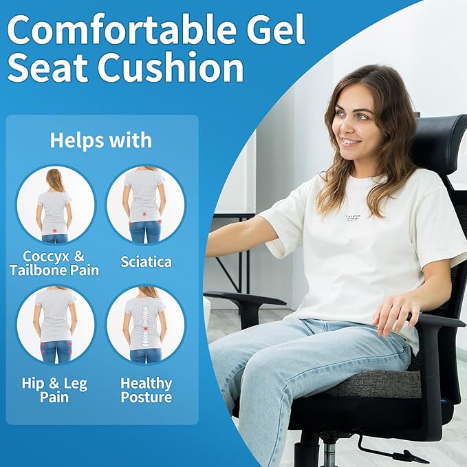 Gel Memory Foam Seat Cushion for Long Sitting, Cooling Breathable Enhanced - Back, Sciatica, Coccyx, Tailbone Pain Relief - for Office Chairs, Car Seat, Wheelchair Sitting (Blue)