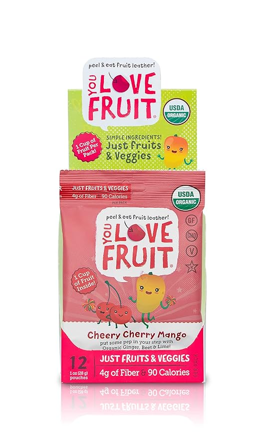 YOU LOVE FRUIT – CHEERY CHERRY MANGO All Natural Fruit Snacks, Healthy Snack Pack, Real Fruit! Gluten Free, Non GMO, Vegan, Fiber packed, Low Fat, Kosher, Variety Pack, Great For Adding To Gift Box, 1.0 oz (Pack of 12)