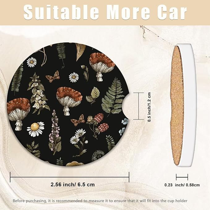 2 Pack Black Mushroom Coasters for Cup Holders, Ceramic Car Cup Holder Coaster for Car, Absorbent Car Cup Coasters with Cork Base Car Interior Accessories for Women Men