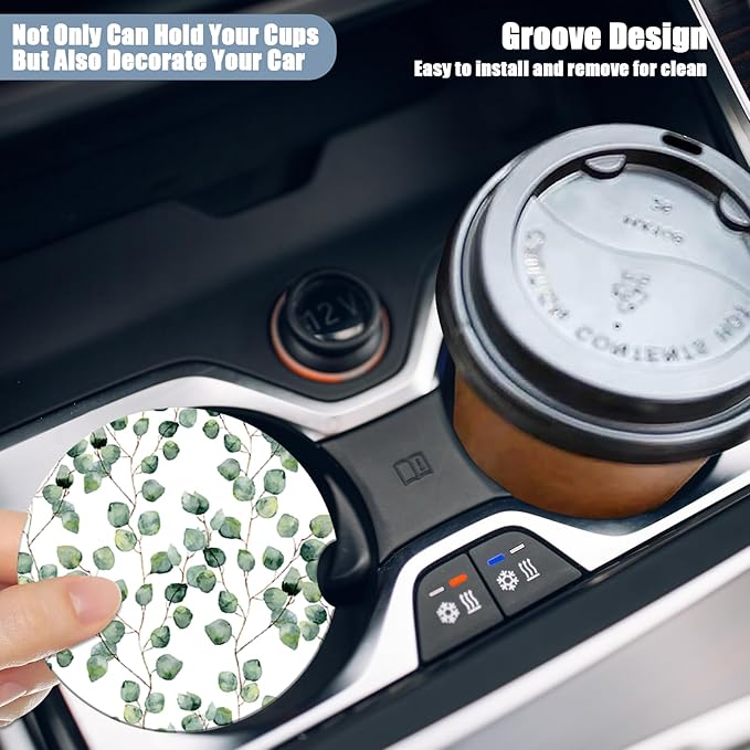Car Cup Holder Coaster - Eucalyptus Round Green Leaf Absorbent Ceramic Coaster, Car Coasters for Cup Holders, Auto Accessories for Women & Men, Pack of 2