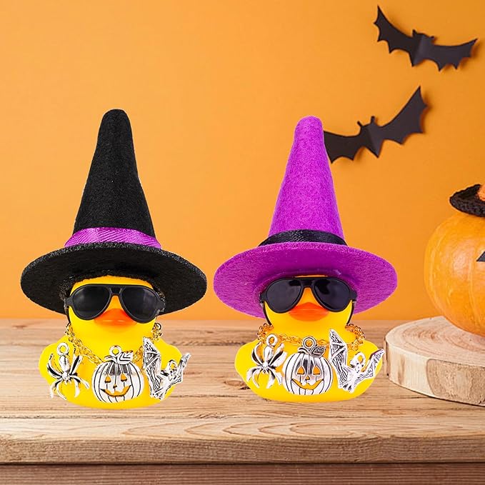 Rubber Duck Car Ornaments Yellow Duck Car Dashboard Decorations with Mini Witch Hat Sunglasses Necklace and Cute Accessories for Party Gifts(H3)