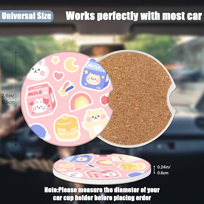 Car Cup Holder Coaster - Milk Strawberry Rabbit Absorbent Ceramic Coaster 2 Pack, Car Coasters for Cup Holders, Fashion Car Interior Accessories Drink Coaster for Women & Men