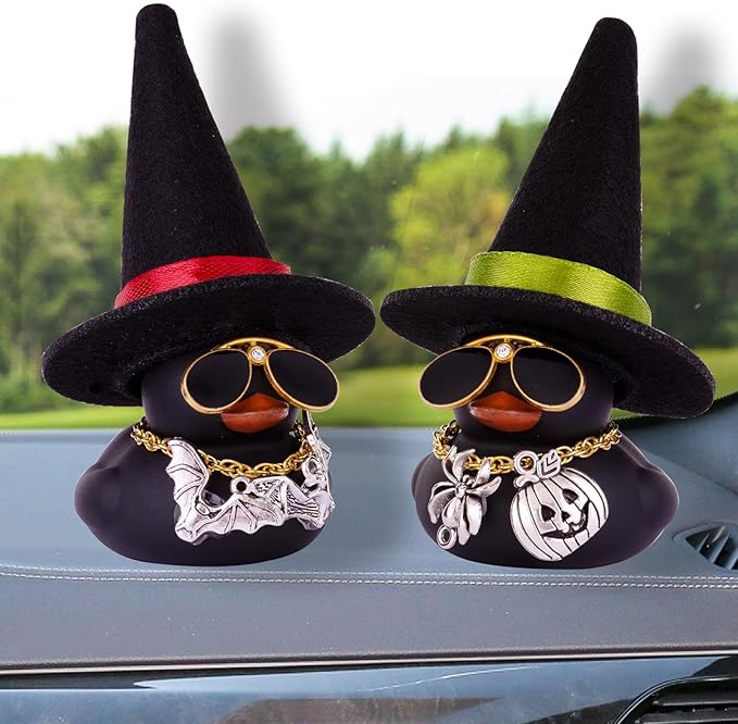 Halloween Car Rubber Duck, Duck Car Dashboard Decorations with Mini Witch Hat Sunglasses Necklace Halloween Accessories for Halloween Themed Gifts(W24)