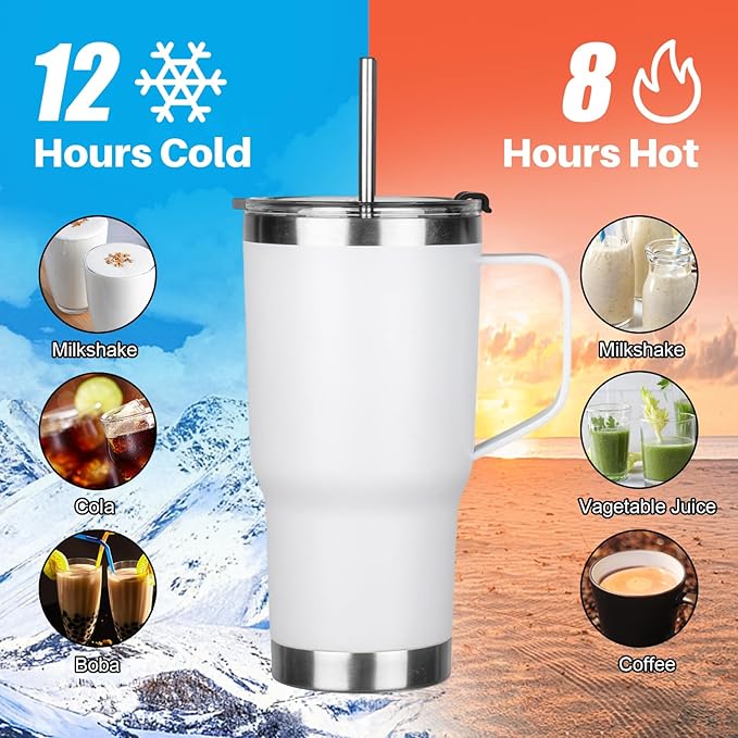 20 oz Tumbler with Handle, Stainless Steel Insulated Tumbler with Lid and Straw, Double Wall Vacuum Insulated Coffee Mug Tumbler, Insulated Coffee Thermal Cup for Cold and Hot (White)