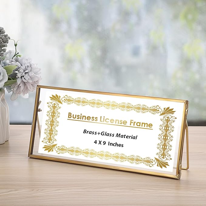 JUXYES 2 Pack Tabletop Business License Frame Brass License Certificate Display Frame, Double Glass Floating Diploma Frames, Desktop Golden Graduation Frames for 4x9 and 3.5x8.5 Certificate Business