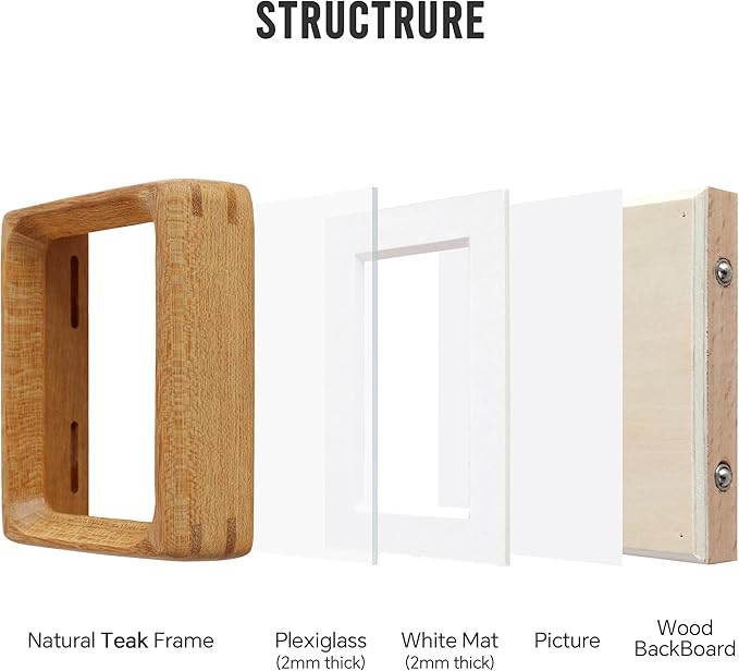 2.5x3.5 Natural Wood polaroid Picture Frame Matted to 2x3 with Plexiglass, Teak Solid Wood Small Photo Frame,For TableTop and Wall Mounting