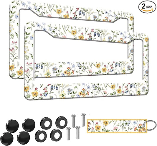 2pcs Wild Flowers Floral License Plate Frame for Women, White Flowers Floral car Decorative tag Frames Girly, Natural Life Theme License Plate Cover Holder for Vehicle with Double Sided Keychain tag