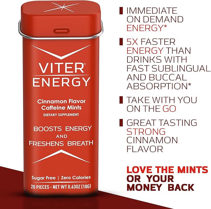 Viter Energy Caffeine Mints (120 Pieces) - 40mg Caffeine, Sugar Free, Vegan, B Vitamins Complex, Energy Supplement Caffeine Pills (Cinnamon, 6 Pack)