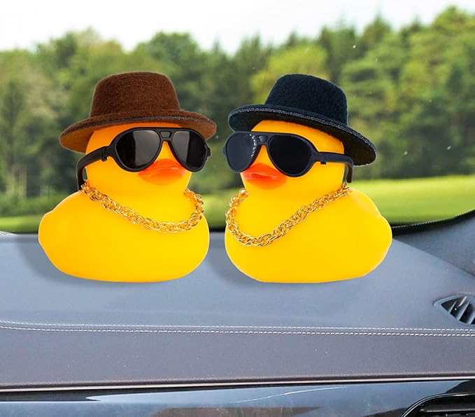 Rubber Duck Car Ornaments Duck Car Dashboard Decorations Accessories with Mini Top Hat Necklace and Sunglasses(T1)