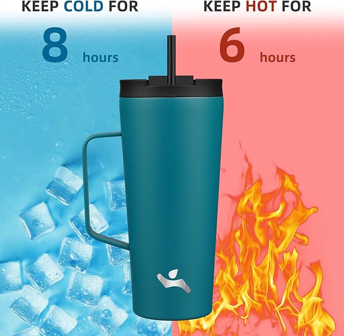 Insulated Tumbler with Handle and Straw, 22 OZ Travel Coffee Mug Stainless Steel Cup Metal Water Bottle,Blue