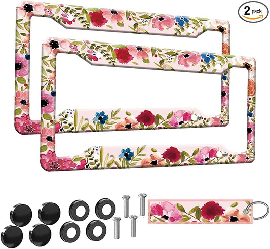 2pcs Abstract Flowers Floral License Plate Frame for Women,Pink Flowers Floral car Decorative tag Frames Girly,Hand-Painted Artistic Pink Flowers Floral License Plate Cover Holder for Vehicle