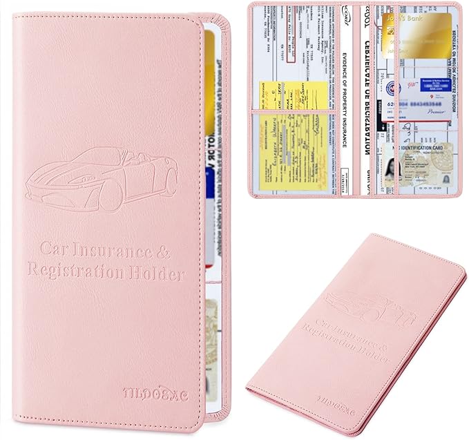 Leather Car Registration and Insurance Card Holder, Car Document Holder for Cards License with Magnetic Shut (Pink, large)