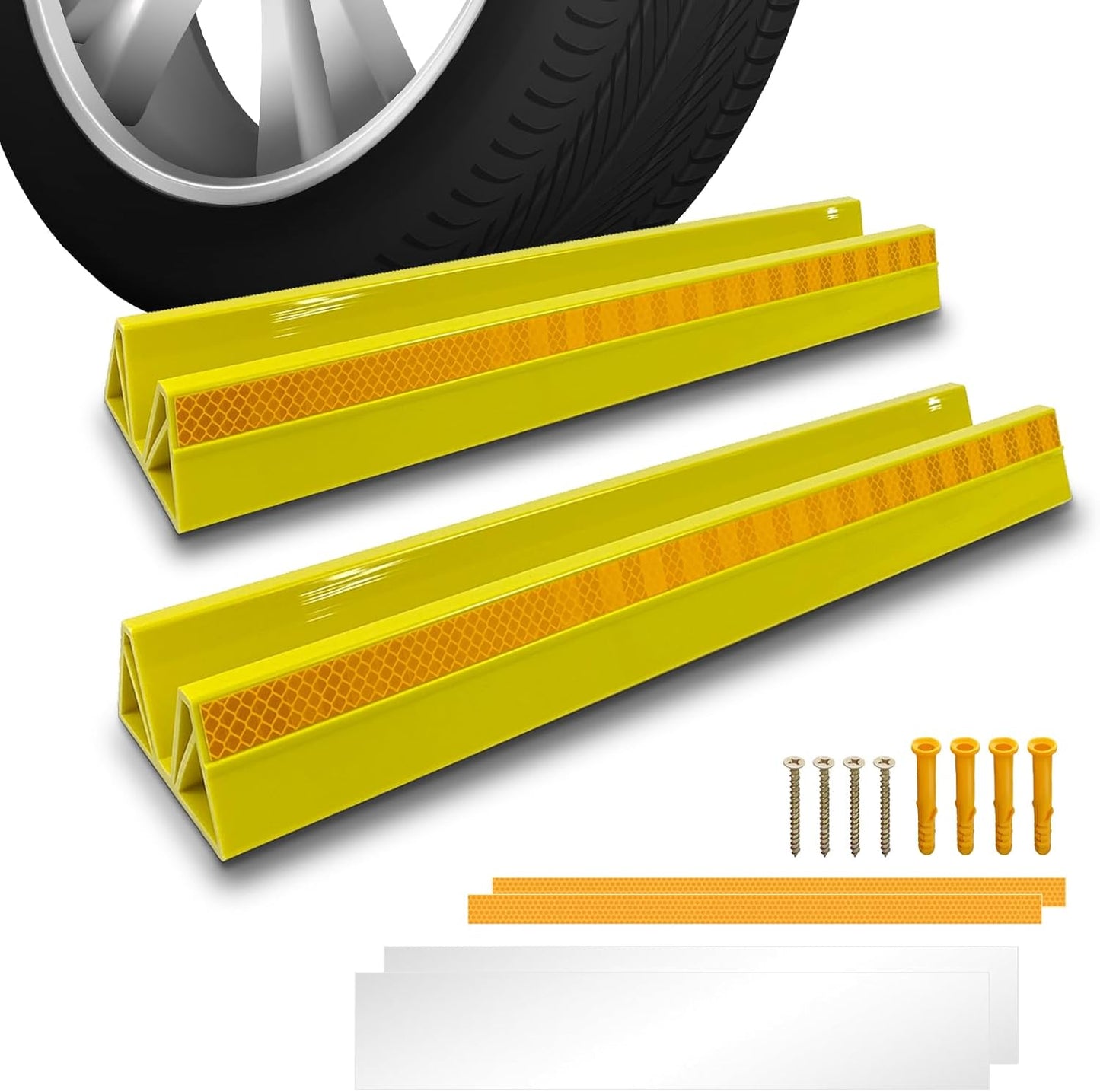 2 Pcs 18'' Parking Car Wheel Stopper for Garage with 2 Installation Methods, Heavy Duty Tire Stops with Reflective Tapes, Car Parking Aids for Garage, Yellow