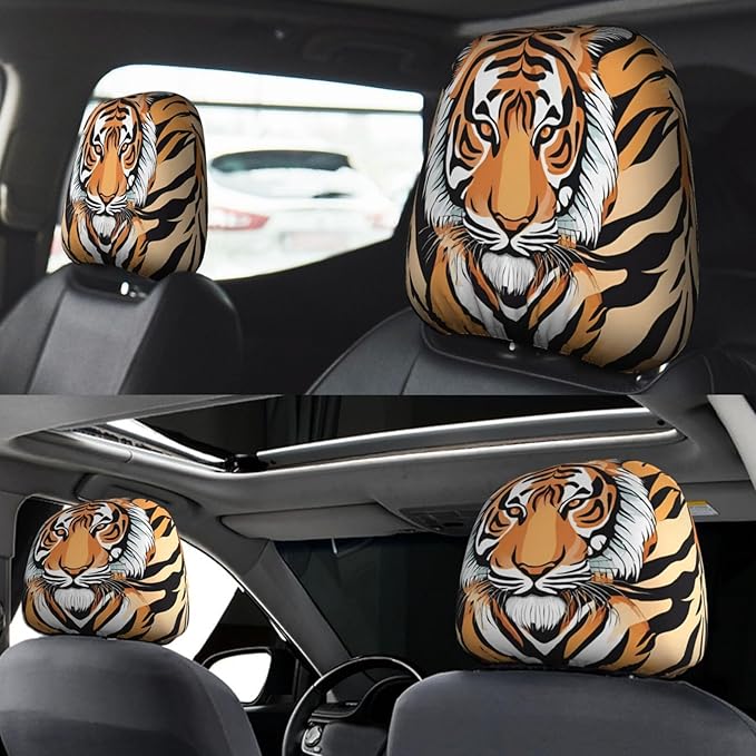 Dujiea 2 Pack Tiger Animal Print Car Headrest Covers, Universal Soft Car Seat Head Rest Protector, Vehicle Accessories Fabric Headrest Cover for Cars Vans Trucks