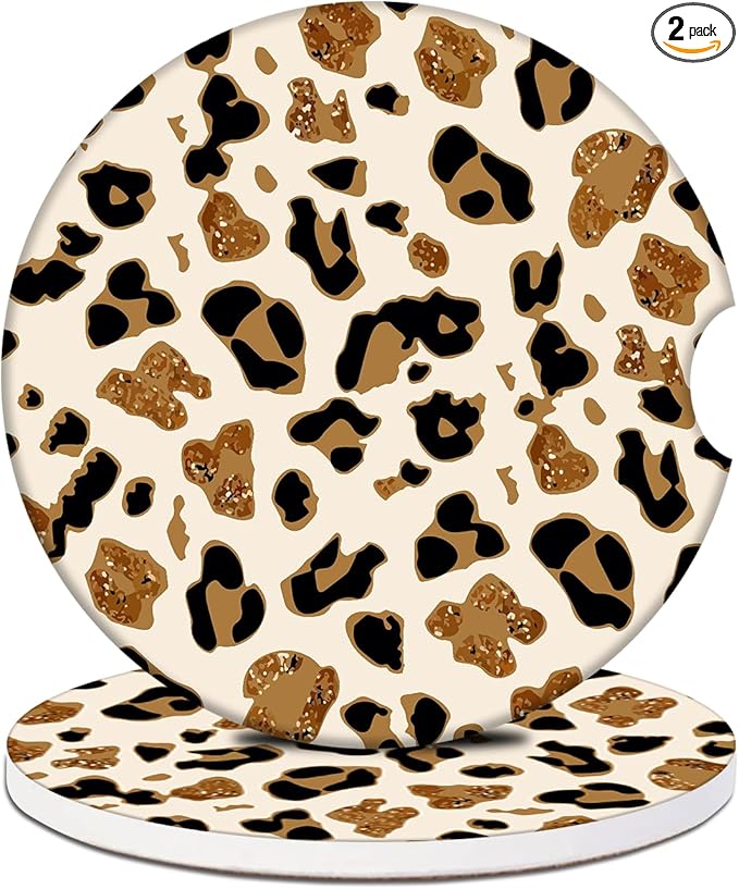 Car Cup Holder Coaster - Leopard Print Absorbent Ceramic Coaster, Car Coasters for Cup Holders, Auto Accessories for Women & Men, Pack of 2