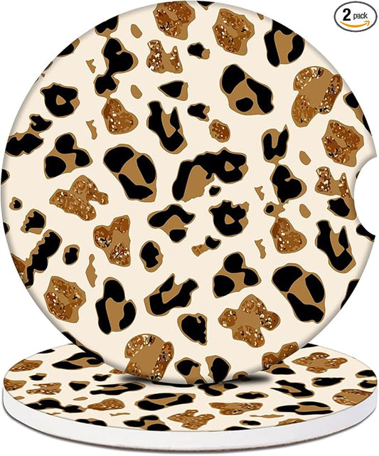 Car Cup Holder Coaster - Leopard Print Absorbent Ceramic Coaster, Car Coasters for Cup Holders, Auto Accessories for Women & Men, Pack of 2