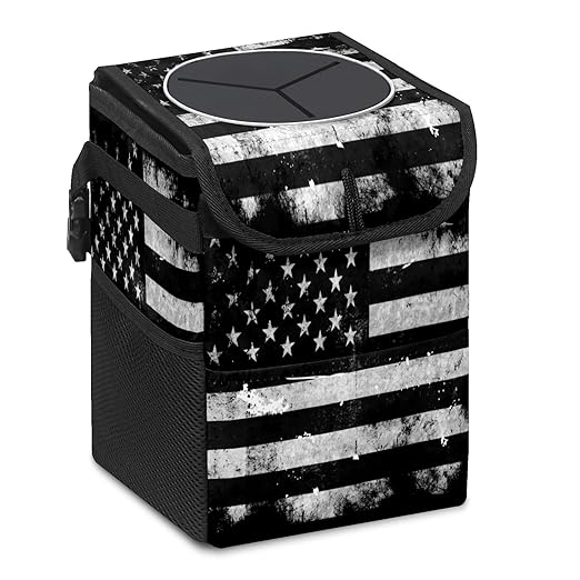 Car Trash Can Black White Grunge American Flag Auto Garbage Bag Car Trash Can with Lid Leak-Proof Car Storage Bag Garbage Bag Hanging for Headrest Collapsible and Portable with Storage Mesh Pocket