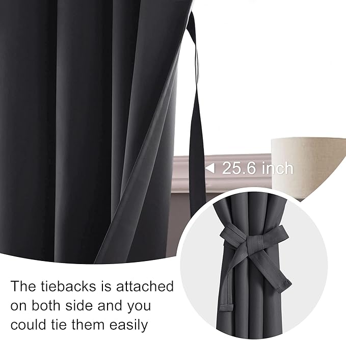 JIUZHEN Blackout Curtains for Bedroom– Thermal Insulated,Noise Reducing Room Darkening Rod Pocket Curtains for Living Room, Set of 2 Panels with Tiebacks, 42 x 72 inch Long, Dark Grey