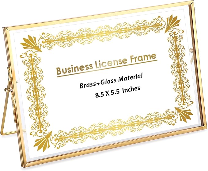 JUXYES Tabletop Business License Frame Brass License Certificate Display Frame, Double Glass Floating Diploma Frames, Desktop Golden Graduation Frames for 5.5x8.5 Certificate Business Licenses