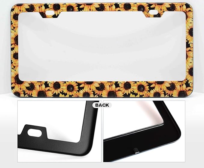 2pcs Yellow Sunflower License Plate Frame for Women, Flower Flora Car Tag Frames Girly for Vehicle with Non Adhesive Electrostatic Sticker