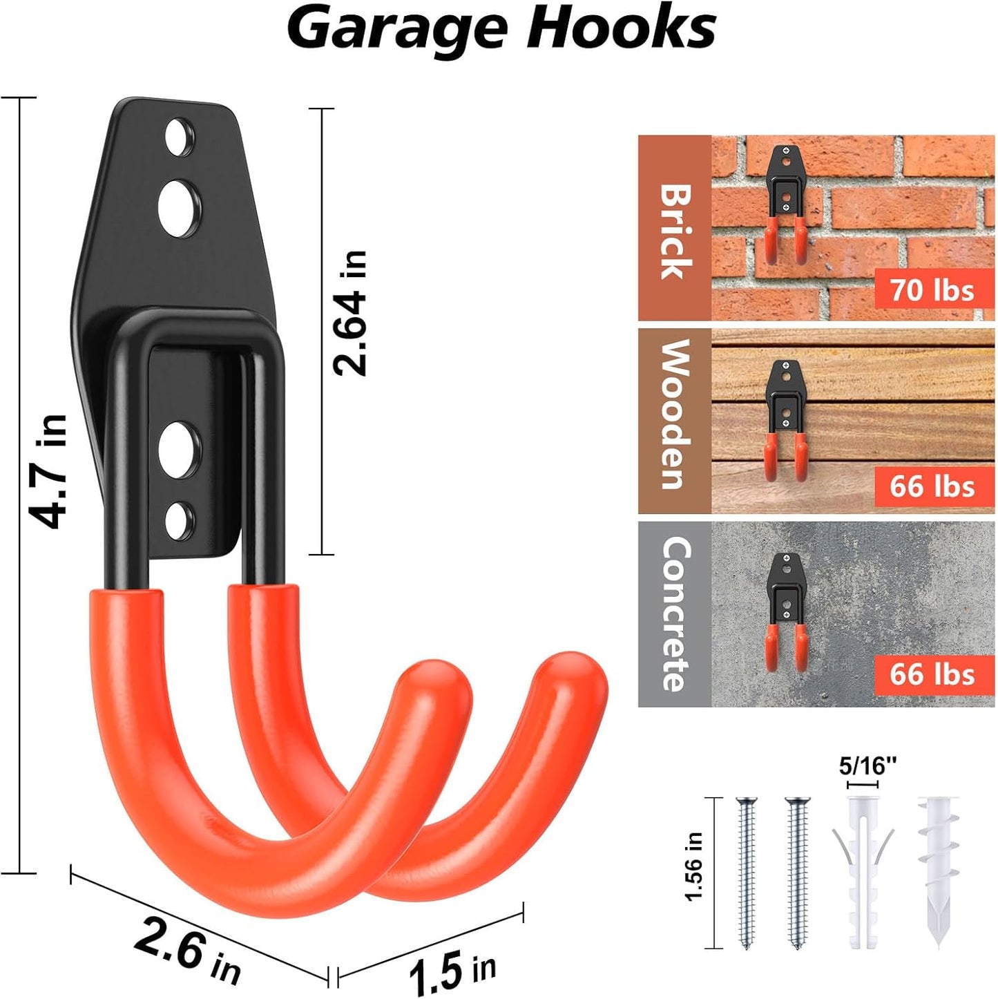 4 Pack 4.7x2.6 inch J Heavy Duty Garage Hooks,Solid Steel Wall Mount Hangers,with Anti-Slip Coating,for Hanging and Organising Ladder,Bike,Ropes,Broom,Garden,Yard and Power Tools