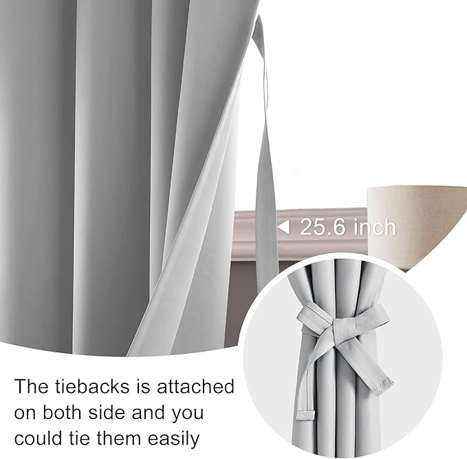 JIUZHEN Blackout Curtains for Bedroom– Thermal Insulated,Noise Reducing Room Darkening Rod Pocket Curtains for Living Room, Set of 2 Panels with Tiebacks, 42 x 63 inch Long, Silver Grey