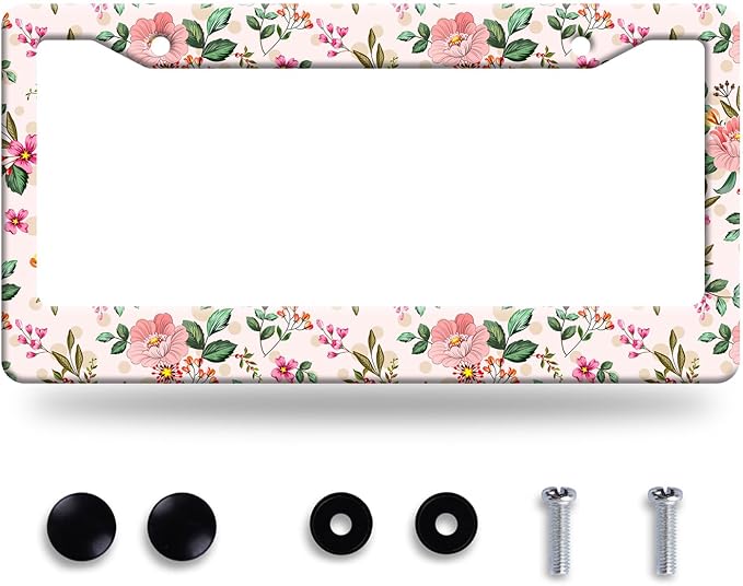 Bright Pink Flowers License Plate Frame Colorful Floral License Plate Frames Funny Auto Accessory Bracket Stainless Steel Cute License Plate for Women 6.3 x 12.3 Inch