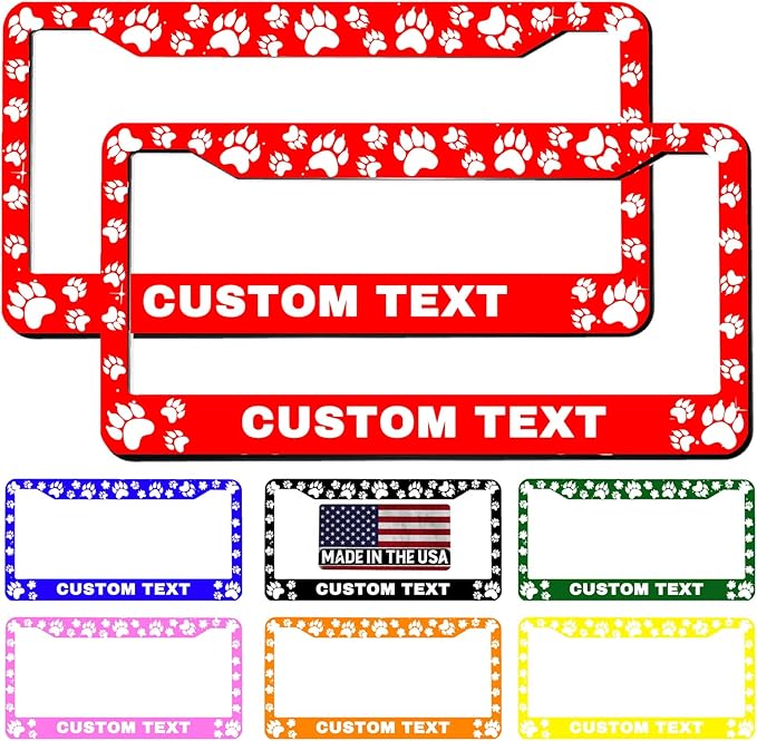 Custom License Plate Frame Dog Paw Print 2 Pack Personalized Add Text Black Custom License Plate Frame with Standard Us Canada Vehicles 12.3 X 6.3in