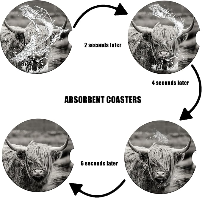 Car Cup Holder Coaster - Highland Cow Absorbent Ceramic Coaster, Car Coasters for Cup Holders, Auto Accessories for Women & Men, Pack of 2